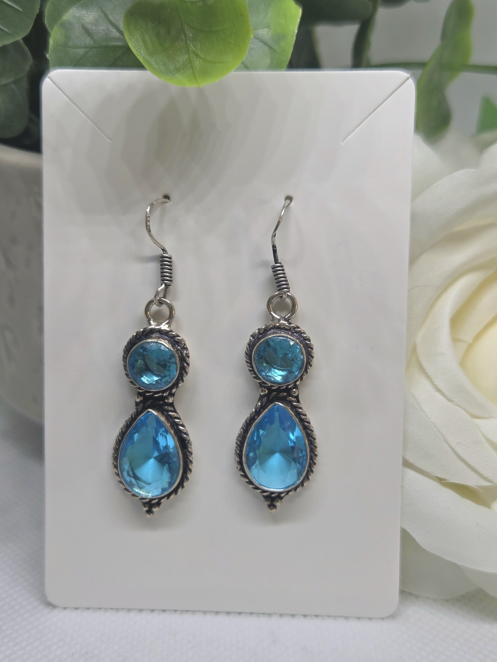 Vintage Style Blue Topaz Teardrop Dangle Earrings